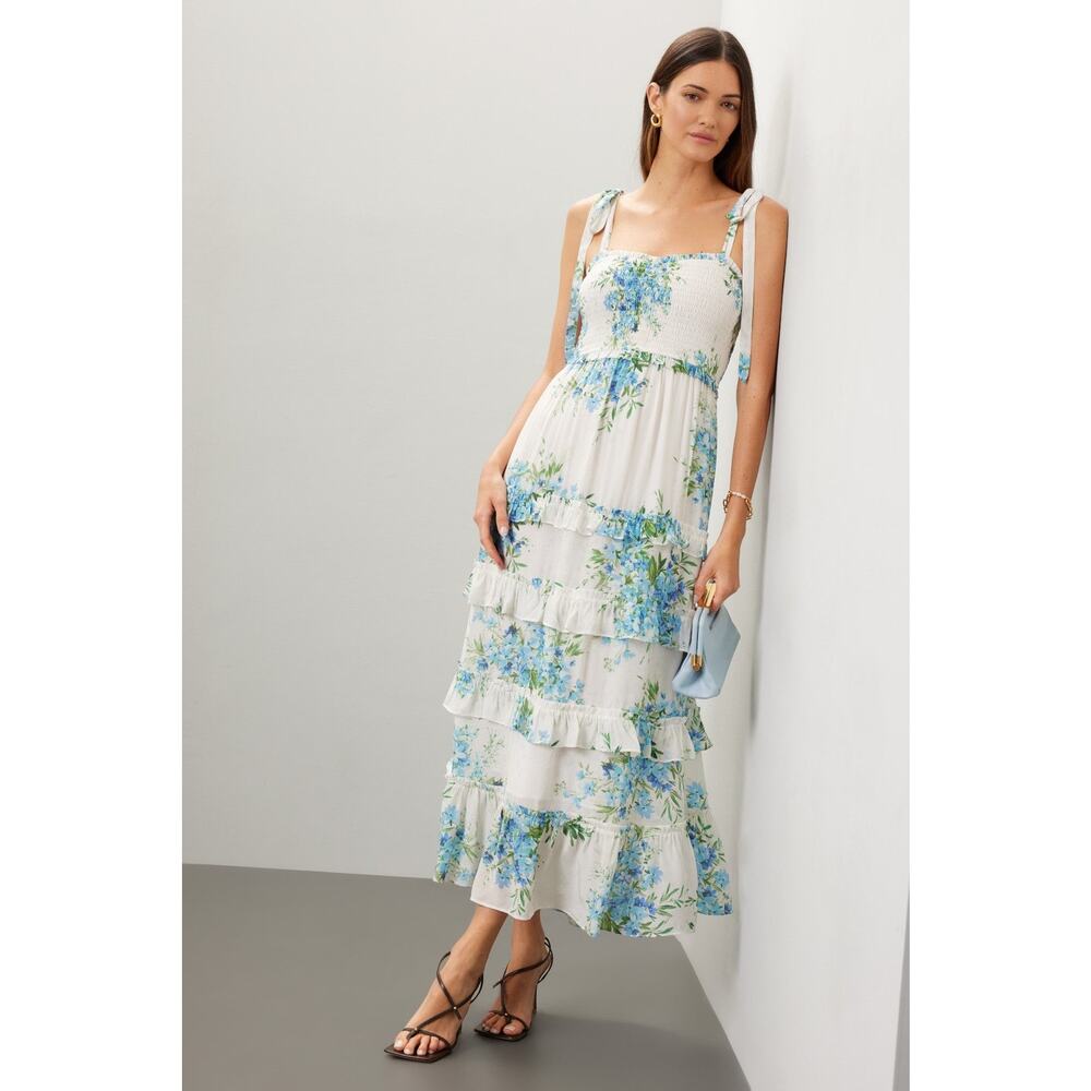 YUMI KIM Off-White Floral Tiered Ruffles Sweetheart Neckline Maxina Dress Size M - Picture 2 of 16